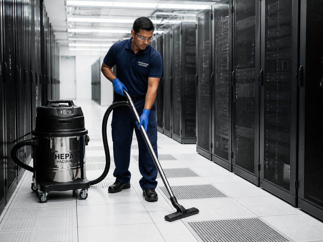 Cleaning technician HEPA vacuuming the raised floor between server racks in a data center