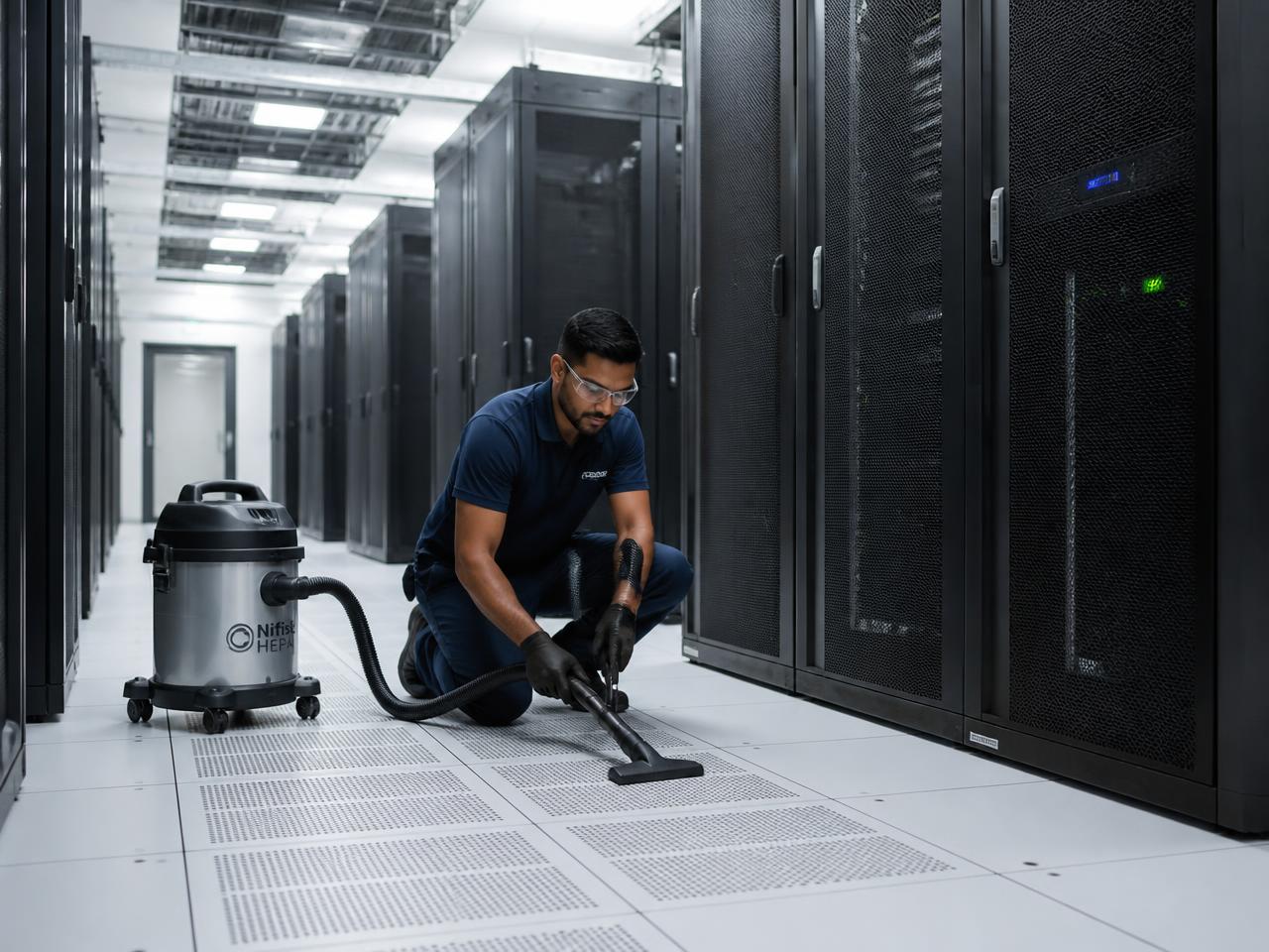 Technician performing detailed final floor cleaning in a finished data hall before turnover
