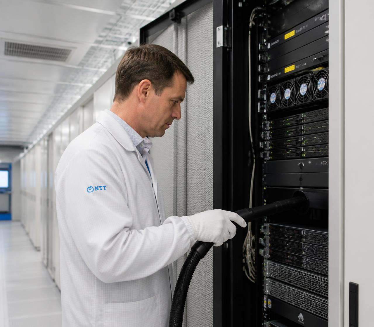 Technician cleaning carefully inside a data center environment